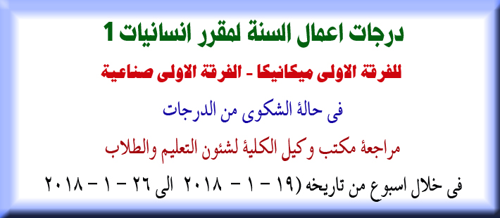 درجات اعمال السنة لمقرر انسانيات 1   للفرقة الاولى ميكانيكا - الفرقة الاولى صناعية