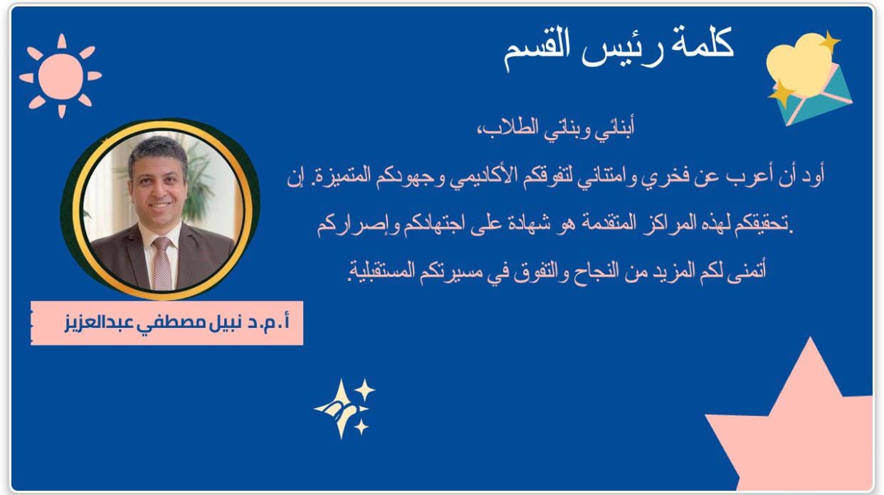 تهنئة من رئيس قسم نظم المعلومات أ.د.نبيل مصطفى للطلاب المتفوقين